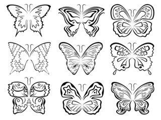 Set of six black butterflies contours over white