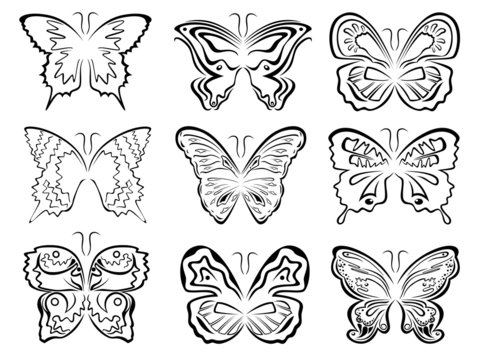 Set of six black butterflies contours over white