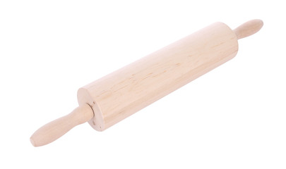 Light wooden rolling pin for cooking on white background.