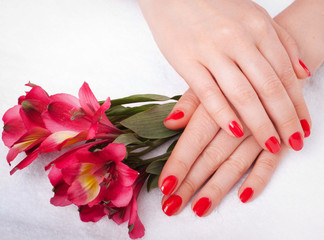 Obraz na płótnie Canvas Closeup image of red manicure with flowers