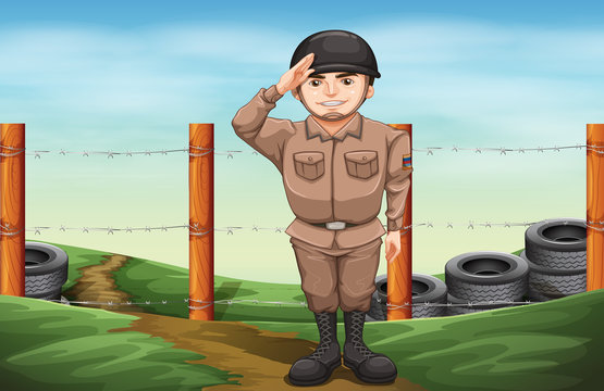A smiling soldier doing a hand salute