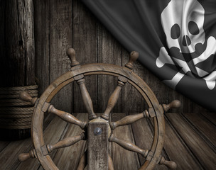 Pirates ship deck  with steering wheel and flag