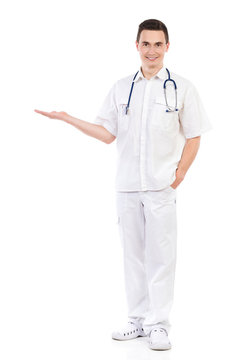 Cheerful Male Nurse Showing Product