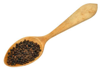 Black Peppercorns And Wooden Spoon