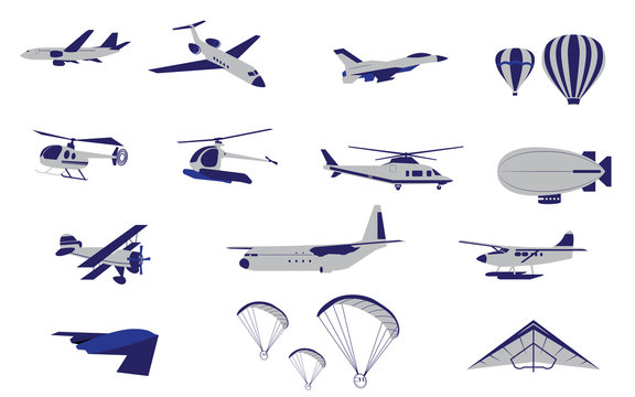 Set of Plane Helicopter and Air Transportation vectors and icons