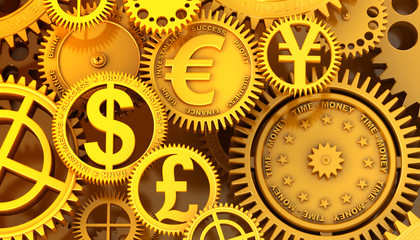Golden clockwork with currency signs - Euro, Dollar, Yen, Pound