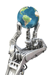 Robot keep the Earth. Planet in hands at high technology.
