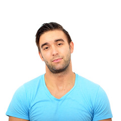 Portrait of man with funny face against white background