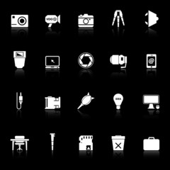 Photography related item icons with reflect on black background