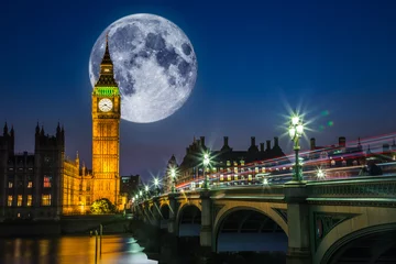 Foto op Canvas Big Ben en de Houses of Parliament met volle maan © Andrew Sproule