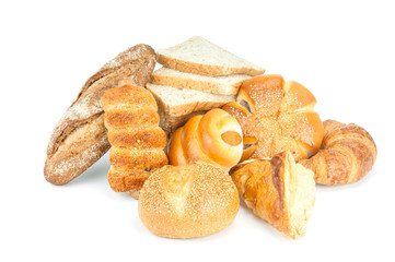 Composition with bread and rolls on white background.