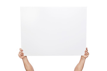 Hands holding a blank banner, isolated on white