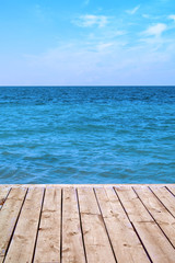 Fototapeta na wymiar Seaview panorama from wooden deck