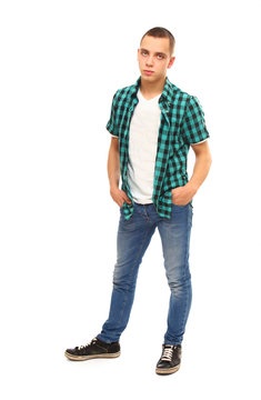 full-length portrait of a young guy , isolated on white backgro