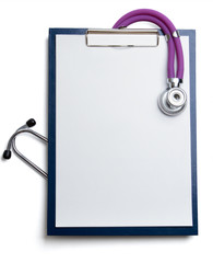 Closeup of stethoscope  a rx prescription isolated on white