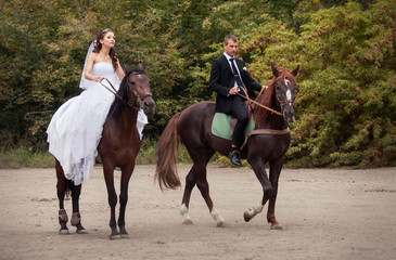 Fototapeta na wymiar wedding couple on horses