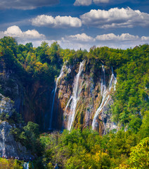 Landscape of a beautiful rock with a waterfall