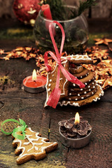 new year's composition with toys and Christmas decorations