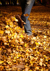 Feet walking through brightly colored fall leaves on the ground.