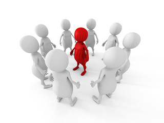 white team group stand around red leader boss