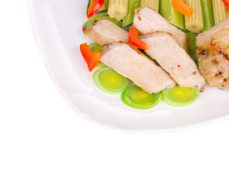 Meat salad with vegetables. Close up.