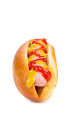 Tasty hot dog with mustard.