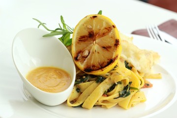 tagliatelle with fish, lemon and pepper dip