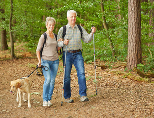 Paar Senioren beim Nordic Walking mit Hund