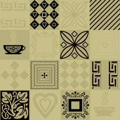 Patchwork seamless bright pattern with elements and cup of coffe
