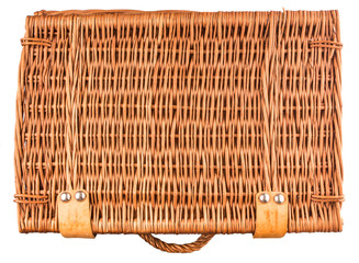 Handmade wicker picnic basket over white background