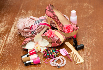 Women shoes pink. women's accessories. Photo on vintage board