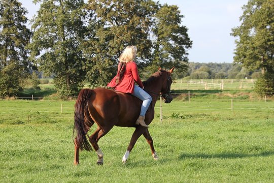 junge Frau reitet ihr Pferd