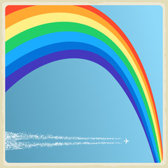 Vintage background with plane and  rainbow. Vector