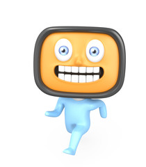 Guy with TV head running on white background. Original design.