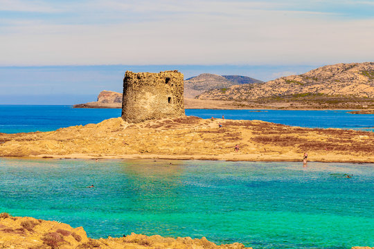 La Pelosa beach view with beautiful azure colored water 
