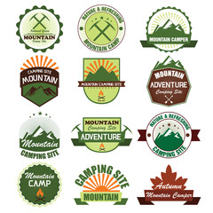 Set of mountain adventure camping and expedition logo badges. Ve