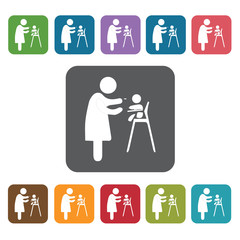 Mother feeding the baby icon. Baby Toys And Care icon set. Recta