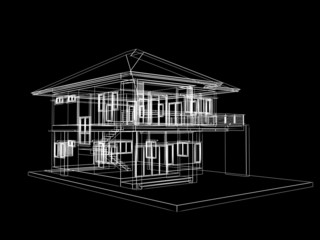 abstract sketch design of house on black background  ,3dwire fra