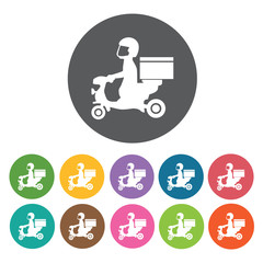 Delivery man on motorcycle icon. Delivery man shipping icon set.