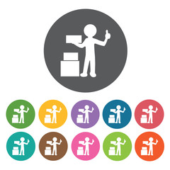 Delivery man holding package and giving ok sign icon. Delivery m