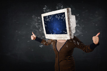 Computer monitor screen exploding on a young persons head