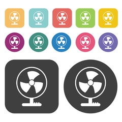 Desk fan without guard icon. Fan icon set. Round and rectangle c