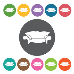 Sofa icon. Furniture home icon set. Round colourful 12 buttons.