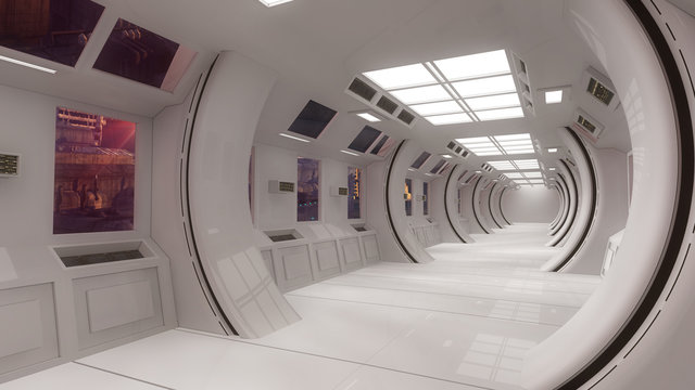 Futuristic corridor interior and city