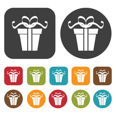 Gift box with curly ribbon icon. Gift box icons set. Round and r