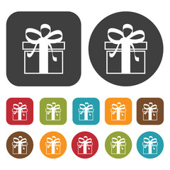 Square gift box with white ribbon icon. Gift box icons set. Roun