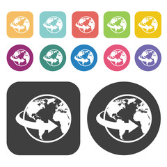 Earth with one arrow icon. Globe Earth icon set. Round and recta