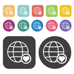 Earth with love icon. Globe Earth icon set. Round and rectangle