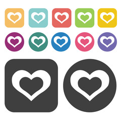 Heart with Heart inside icon. Heart icon set. Round and rectangl