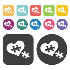 Heart with puzzle icon. Heart icon set. Round and rectangle colo